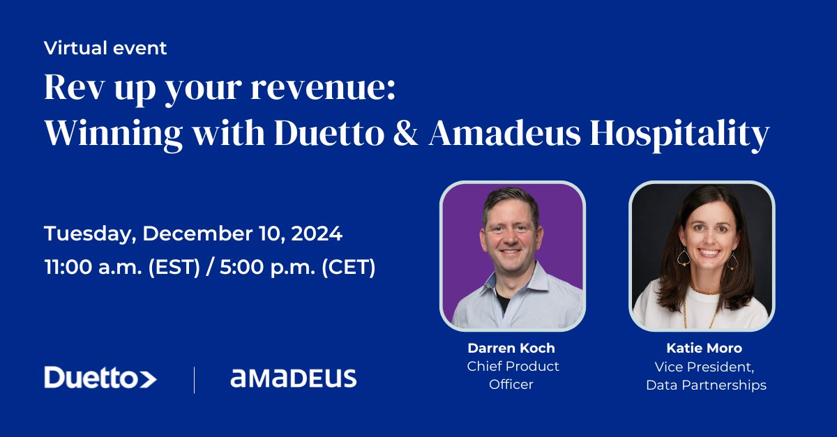 DuettoCloud's tweet image. 🔔 Only one week until our virtual fireside chat on December 10th at 11 AM EST! Join us and our partner Amadeus Hospitality as we unveil an exciting industry-first product.
👉 Register now: bit.ly/3Vnq0rL
#Hospitality #RevenueManagement #Data #Partnerships