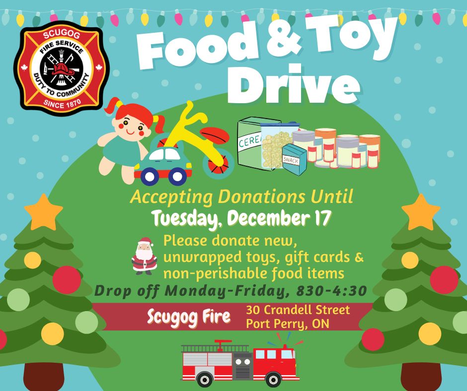 #ScugogFire is accepting donations in support of Operation Scugog. Drop off new, unwrapped toys, gift cards &amp; non-perishable food items at Station 61 (30 Crandell Street) between now &amp; December 17 to support local families for the holidays! More info: 905-985-2384.