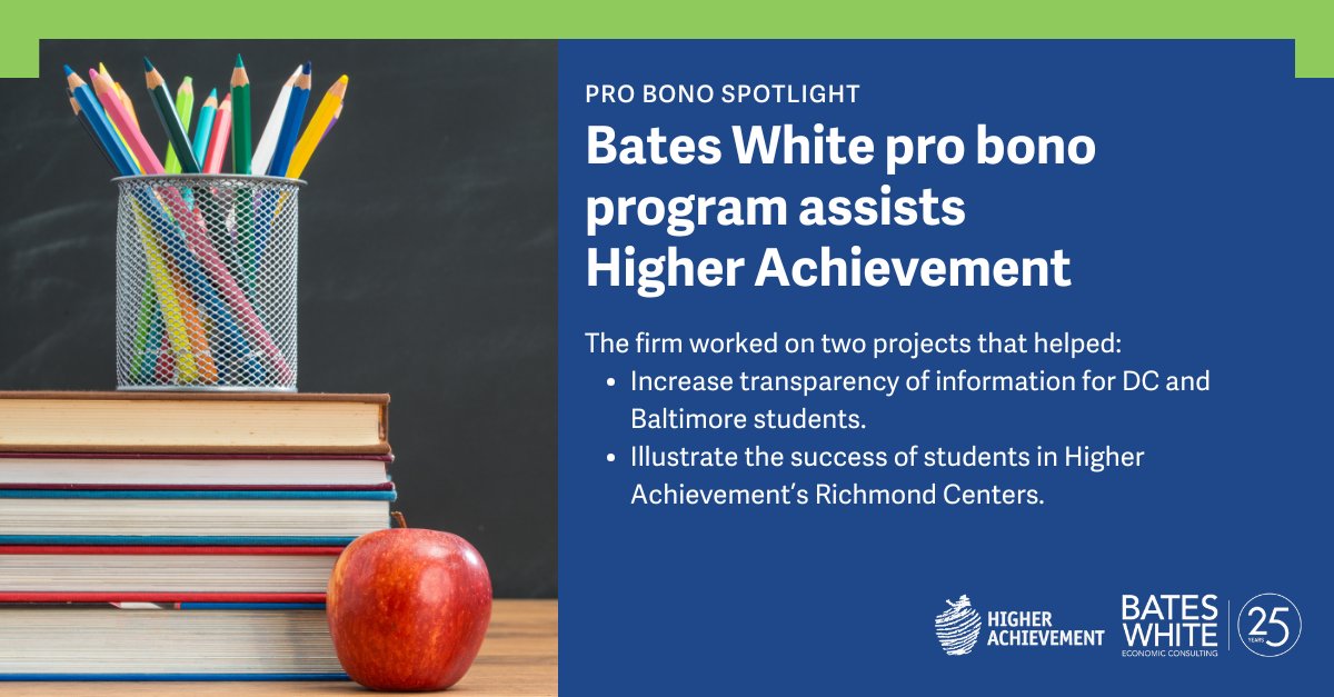 Bates White (@bateswhiteecon) on Twitter photo Through our pro bono program, Bates White partnered with <a href="/HigherAchieve/">Higher Achievement</a> on two projects to support local students. This included developing information dashboards, analyzing demographics and graduation rates, and more.
Learn more: ow.ly/GHnr50Uk1AI
#probono Through our pro bono program, Bates White partnered with <a href="/HigherAchieve/">Higher Achievement</a> on two projects to support local students. This included developing information dashboards, analyzing demographics and graduation rates, and more.
Learn more: ow.ly/GHnr50Uk1AI
#probono