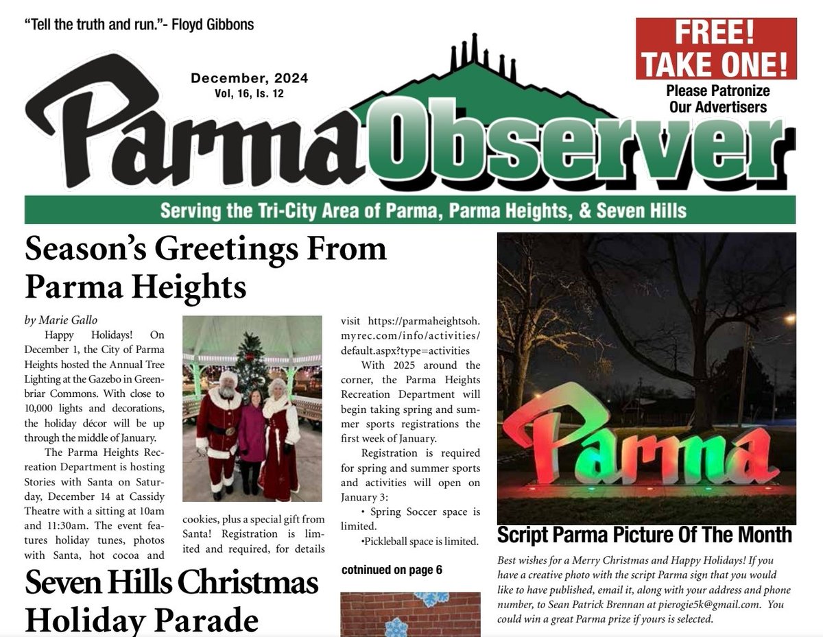 ParmaObserver's tweet image. NOW AVAILABLE: The December 2024 issue of the Parma Observer is out now and is available online! 🌨☃️🎄🎅🦌🛷🎁

media.parmaobserver.com/issue_pdfs/Par…