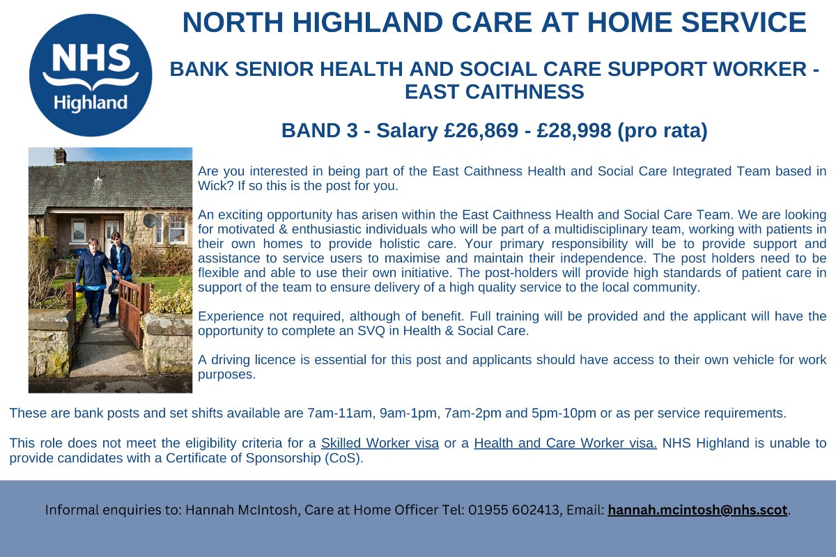 ⭐Bank Senior Health and Social Care Support Worker, Care at Home, East Caithness⭐ 

⭐Closing Date Sunday 8th December 2024 ⭐

Apply here: apply.jobs.scot.nhs.uk/Job/JobDetail?…