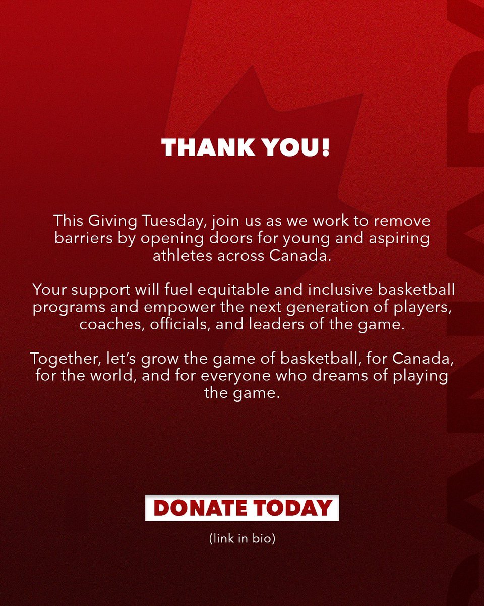 This #GivingTuesday, help us continue empowering 30,000+ youth across the country through safe, diverse, and inclusive basketball programs.
 
Donate today 🎁: canadahelps.org/en/charities/c…