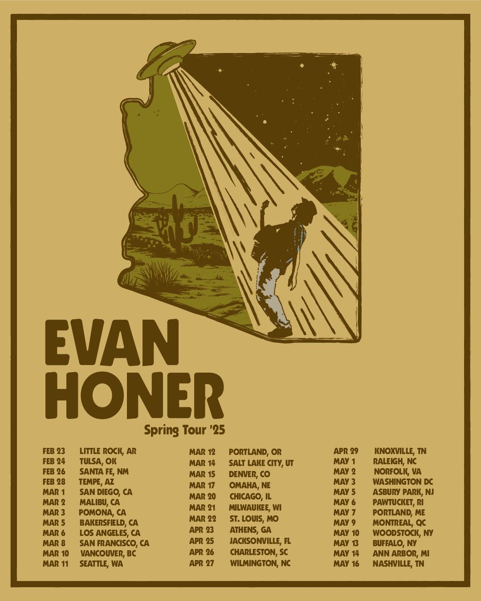 evanhonermusic's tweet image. ANNOUNCING SPRING 2025 TOUR
This is my third headline tour and I can’t wait to have a whole new show for you guys. SEE YOU ON THE ROAD!
RSVP for presale tickets through my bio/story and it goes live tomorrow at 10:00am local.
General on sale is Friday 10:00am local