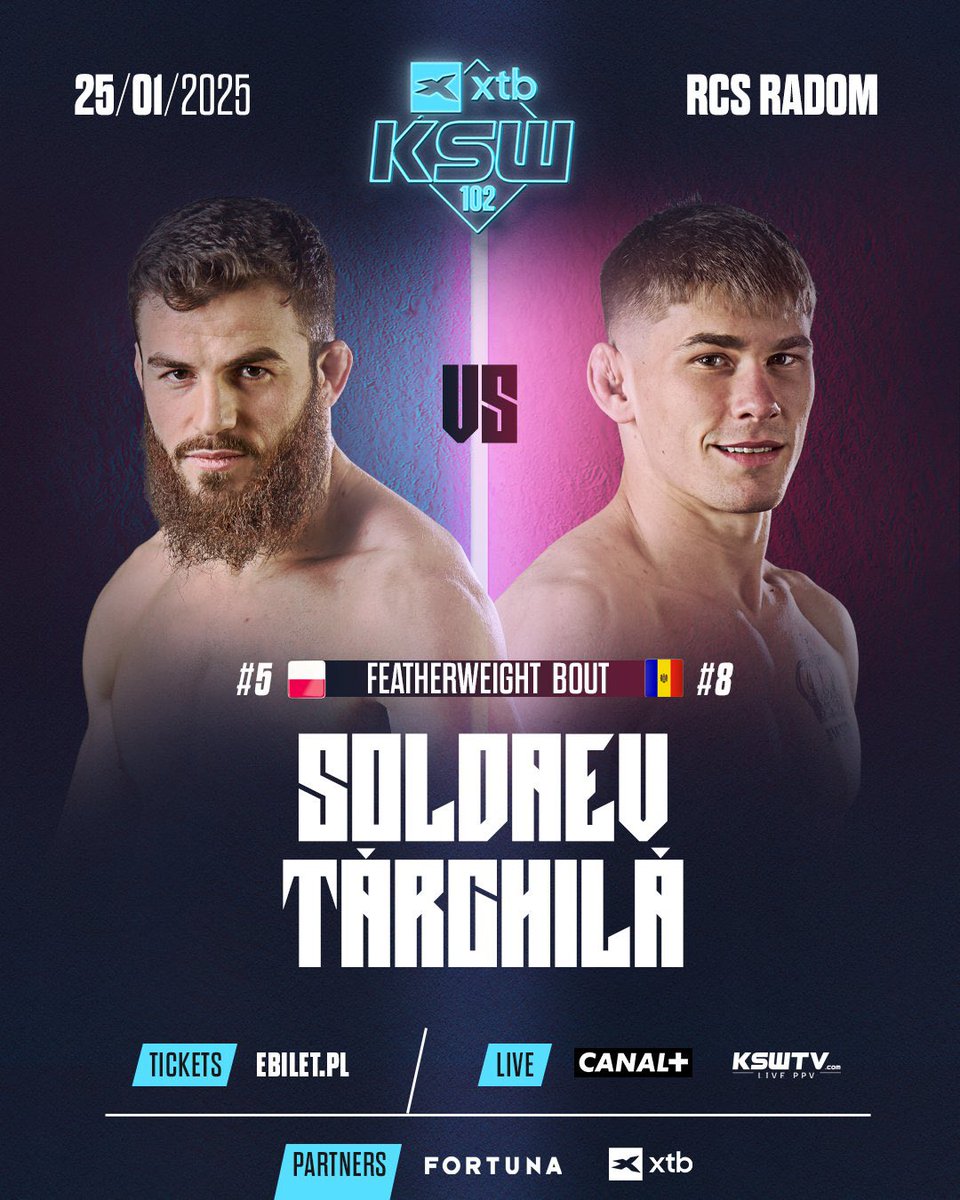 DetectionPoint's tweet photo. 🇵🇱Adam Soldaev (8-2) vs 🇲🇩Danu Tarchila (8-2) na #KSW102‼️

Pojedynek obu Panów przełożony został z gali #KSW97, kiedy to urazu doznał 🇵🇱Soldaev. 

Ostatecznie udało się organizacji znaleźć termin dla tego zestawienia, a ujrzymy je 📆 25 stycznia w 🇵🇱 Radomiu.

📰/📸 [ @KSW_MMA] https://t.co/kAc1V4ujLZ