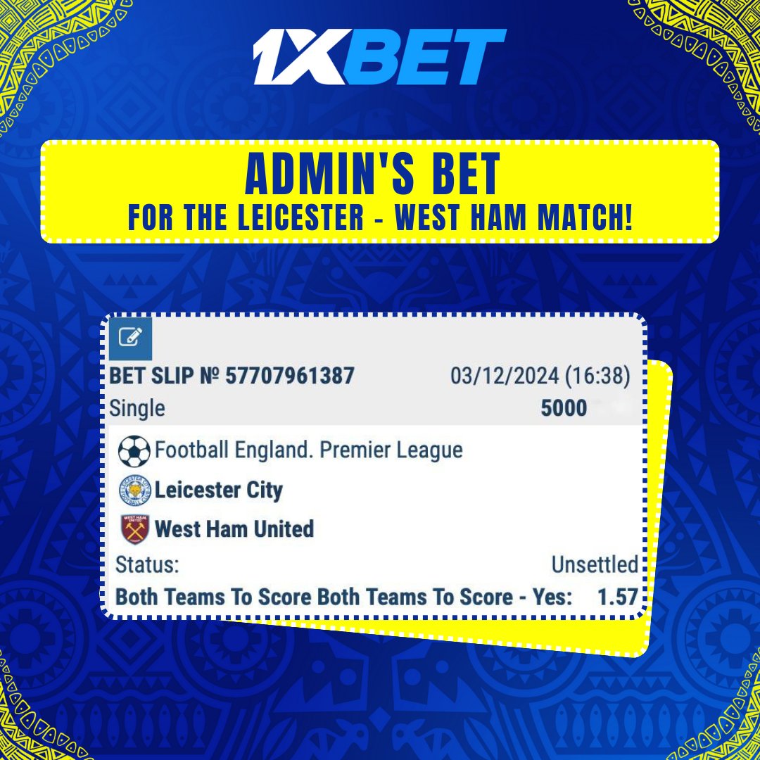 1xbet_ghana's tweet photo. Our admin has placed their bet for the Leicester vs West Ham showdown! 

💪🏽 They’ve gone with Both Teams to Score — do you think it’s the winning call? 

🤔 Place your bets now on 1xBet! 🤑 

#1xBet #AdminBet #LeicesterVsWestHam #PremierLeague #WestHam #Leicester https://t.co/1Wff6Gk7Hy