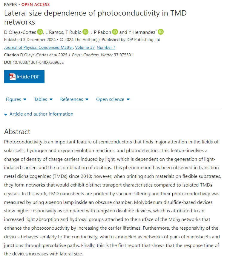 New #OpenAccess research published in JPCM! Learn more about 'Lateral size dependence of photoconductivity in TMD networks' here: iopscience.iop.org/article/10.108…