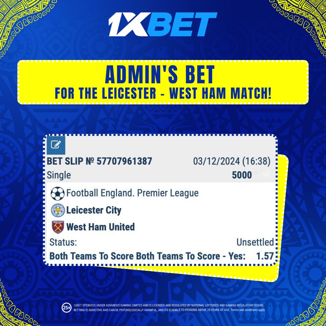 1xbet_ug's tweet photo. Our admin has placed their bet for the Leicester vs West Ham showdown!

💪🏽 They’ve gone with Both Teams to Score — do you think it’s the winning call?

🤔 Place your bets now on 1xBet! 🤑

#1xBet #AdminBet #LeicesterVsWestHam #PremierLeague #WestHam #Leicester https://t.co/Xmb3l7vn41
