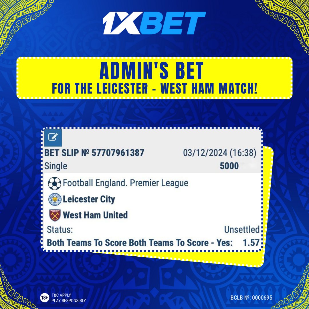1xbetkenya_'s tweet photo. Our admin has placed their bet for the Leicester vs West Ham showdown!

💪🏽 They’ve gone with Both Teams to Score — do you think it’s the winning call?

🤔 Place your bets now on 1xBet! 🤑

#1xBet #AdminBet #LeicesterVsWestHam #PremierLeague #WestHam #Leicester https://t.co/2WKy227TY1