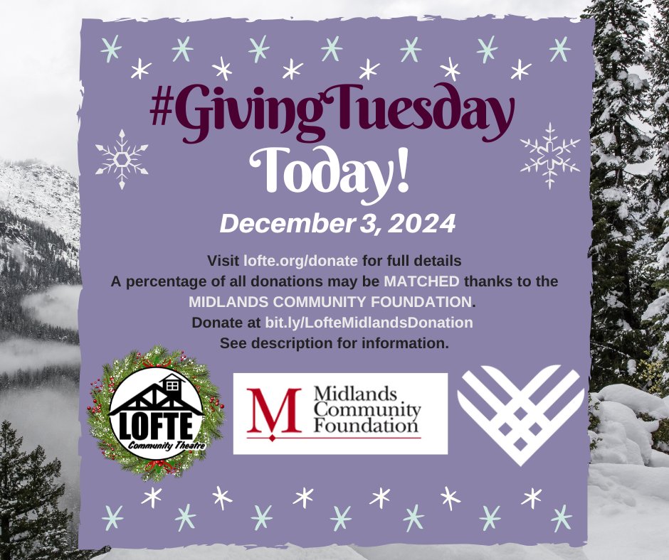GIVING TUESDAY STARTS TODAY, which means that the Midlands Community Foundation's Matching Charitable Program begins today and runs through January 6, 2025!
For further details visit lofte.org/donate or donate at bit.ly/LofteMidlandsD… and thank you!