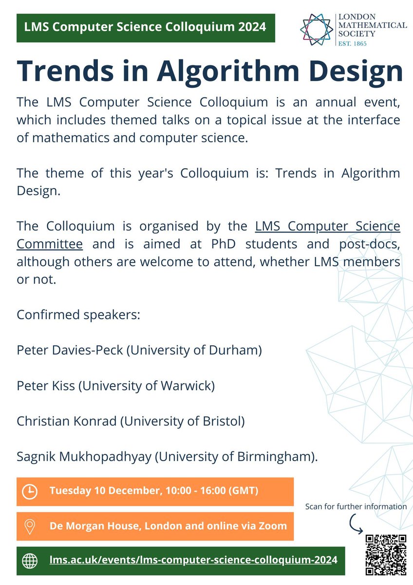 London Mathematical Society (@londmathsoc) on Twitter photo 🖥️ Just 1️⃣ week to go until the LMS Computer Science Colloquium takes place on 10 Dec at <a href="/DeMorganHouse/">De Morgan House</a> and online.
W/ Peter Davies-Peck (<a href="/comp_sci_durham/">Comp Sci @ Durham</a>), Peter Kiss (<a href="/univienna/">Universität Wien</a>), Christian Konrad (@cssbristol) and Sagnik Mukhopadhyay (<a href="/uobcompsci/">UoB Computer Science</a>)
➡️ lms.ac.uk/events/lms-com… 🖥️ Just 1️⃣ week to go until the LMS Computer Science Colloquium takes place on 10 Dec at <a href="/DeMorganHouse/">De Morgan House</a> and online.
W/ Peter Davies-Peck (<a href="/comp_sci_durham/">Comp Sci @ Durham</a>), Peter Kiss (<a href="/univienna/">Universität Wien</a>), Christian Konrad (@cssbristol) and Sagnik Mukhopadhyay (<a href="/uobcompsci/">UoB Computer Science</a>)
➡️ lms.ac.uk/events/lms-com…