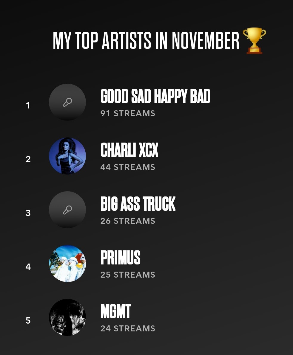 SportWatcherPRO's tweet image. New Good Sad Happy Bad album took over November, very good to listen to on cold/gloomy afternoons.