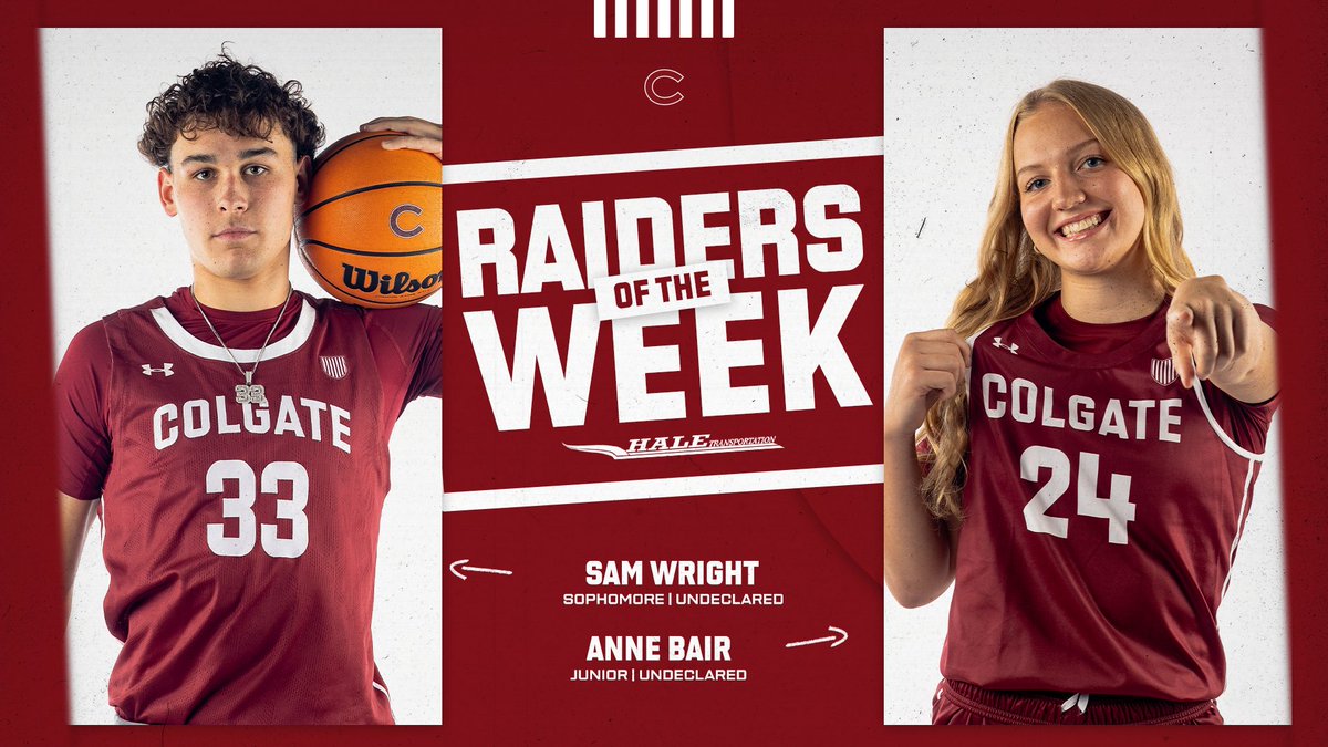Colgate Athletics (@colgateathletic) on Twitter photo πππ’πππ«π¬ π¨π ππ‘π ππππ€!
π Anne Bair of <a href="/ColgateWBB/">Colgate Womenβs Basketball</a> was named Thanksgiving Tournament MVP helping Colgate defeat Akron, 62-45.
π Sam Wright of <a href="/ColgateMBB/">Colgate Men's Basketball</a> averaged 13.7 points and 6.0 rebounds in 3 games, including a career-high 18 points against Sam Houston. πππ’πππ«π¬ π¨π ππ‘π ππππ€!
π Anne Bair of <a href="/ColgateWBB/">Colgate Womenβs Basketball</a> was named Thanksgiving Tournament MVP helping Colgate defeat Akron, 62-45.
π Sam Wright of <a href="/ColgateMBB/">Colgate Men's Basketball</a> averaged 13.7 points and 6.0 rebounds in 3 games, including a career-high 18 points against Sam Houston.