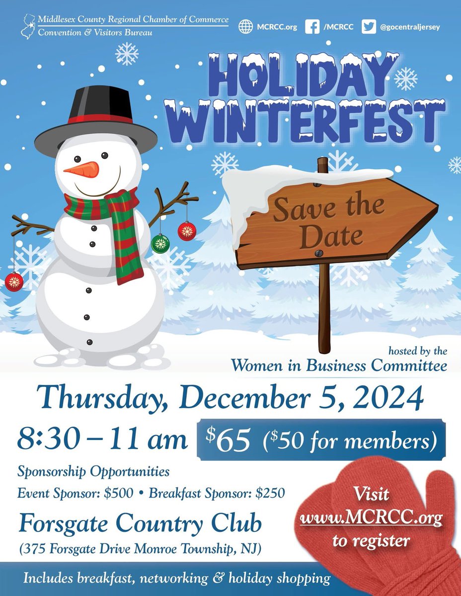 Join us Thursday! Get into the holiday spirit at the Chamber's Holiday WinterFest on December 5. Enjoy breakfast, networking, holiday shopping, and more at Forsgate Country Club. 

Register at mcrcc.org/event/holiday-…