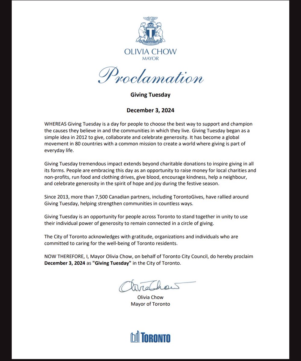 TorontoGives's tweet photo. @MayorOliviaChow has Proclaimed today to be GivingTuesday in Toronto! looking forward to seeing all sorts of acts of giving across the City today. #GivingTuesdayCA #givingtuesdayspark #mardijedonne https://t.co/ekiZX3txUo