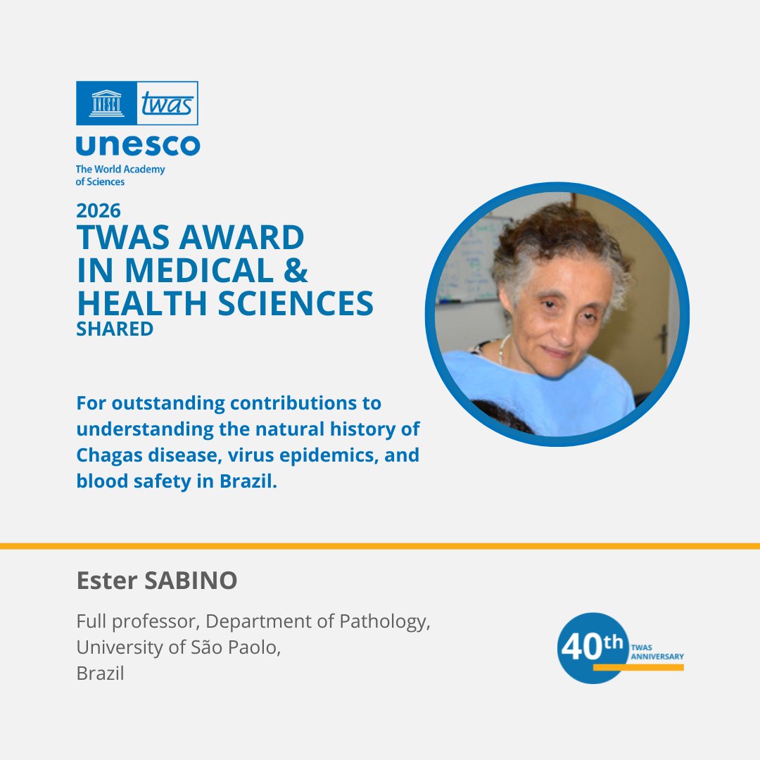 TWAS - The World Academy of Sciences (@twasnews) on Twitter photo Co-winner of the same award, <a href="/estercsabino/">Ester C Sabino</a> of <a href="/usponline/">USP - Universidade de São Paulo</a> in Brazil, said: "...awards like this, which focus on developing countries, are invaluable—they contribute to making science more visible and accessible in these countries." Co-winner of the same award, <a href="/estercsabino/">Ester C Sabino</a> of <a href="/usponline/">USP - Universidade de São Paulo</a> in Brazil, said: "...awards like this, which focus on developing countries, are invaluable—they contribute to making science more visible and accessible in these countries."