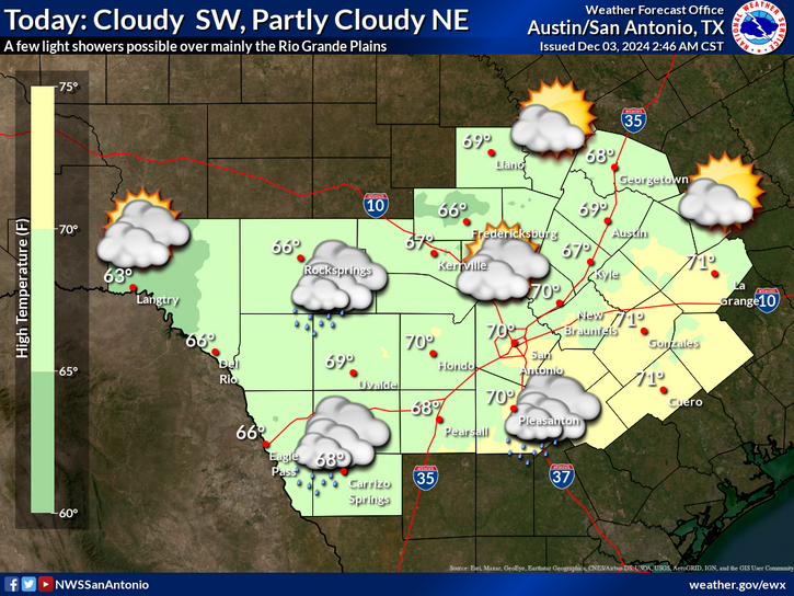 Light showers are possible west and south of San Antonio today, with up to 1/10 inch in some areas. Most places will experience mostly cloudy skies and cool temperatures in the mid-60s to low 70s.

#UTSA #BeRowdyReady #StayWeatherAware