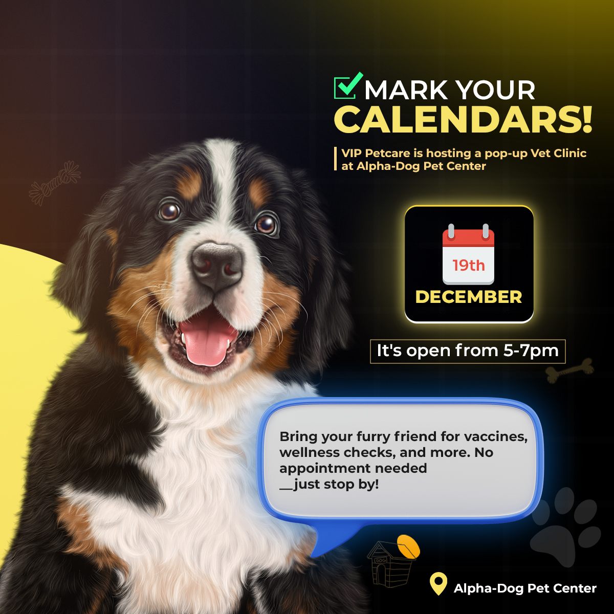 Mark your calendars! VIP Petcare is hosting a pop-up Vet Clinic at Alpha-Dog Pet Center on Dec 19! Bring your furry friend for vaccines, wellness checks, and more. No appointment needed—just stop by!
📅 When: December 19th, 5-7pm
📍 Where: Alpha-Dog Pet Center
#PetCare #Pets
