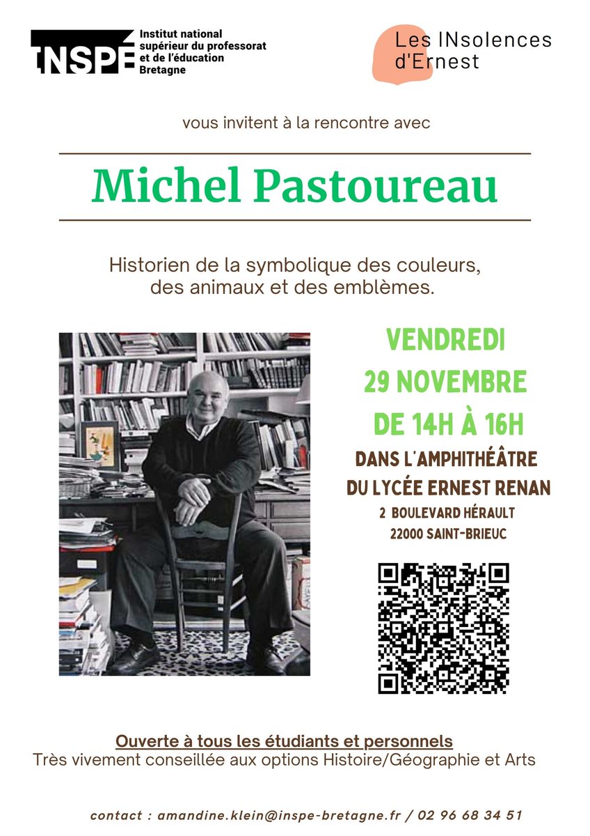 Les étudiants du site de St-Brieuc <a href="/INSPE_Bretagne/">INSPÉ de Bretagne</a>  ont eu la chance de pouvoir rencontrer pour la 2nde année consécutive l'historien Michel Pastoureau dans le cadre des Insolences d'Ernest au lycée Ernest Renan. Cette année, la conférence s'est portée sur l'Histoire des animaux.