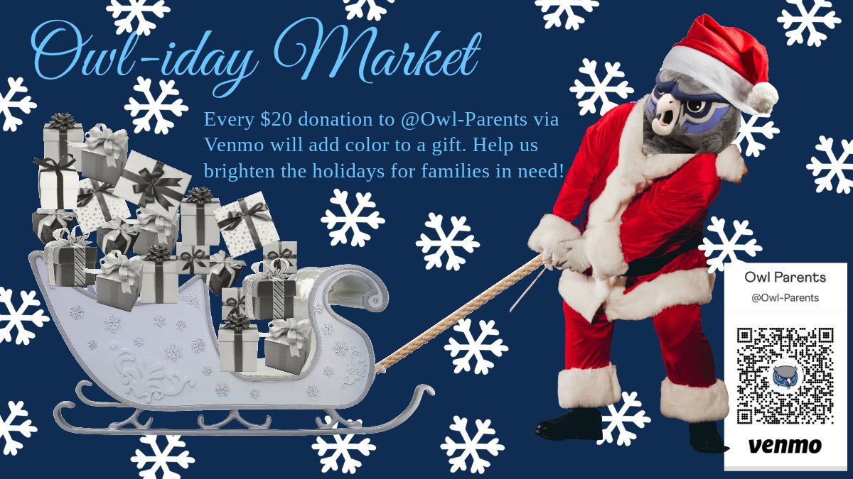 Join our Giving Challenge this #GivingTuesday! 

Watch as your generosity brings the gifts —and the season—to life! Donate to @Owl-Parents on Venmo, indicate "Owl-iday Market Donation." Help us brighten the holidays for families in need and add some color to Owen’s journey!
