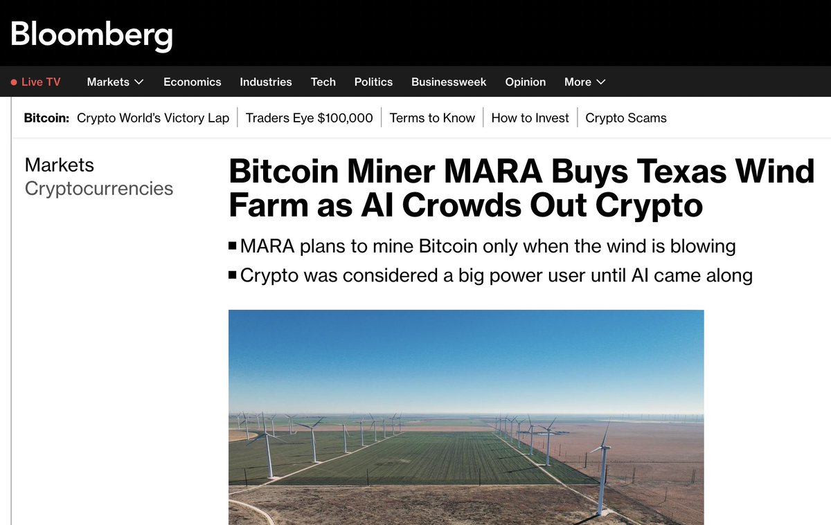 The World is changing. 

Today, Bloomberg covered MARA's purchase of a 114MW Windfarm to do renewable bitcoin mining. The mining facility will also help stabilize the local grid.

bloomberg.com/news/articles/…

bnnbloomberg.ca/investing/comm…