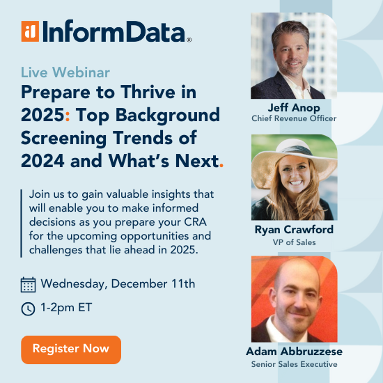 InformDataCo's tweet image. #CRAs, get ready for 2025 with us! Tune in to our webinar to explore our observations from 2024 and get advice that will help you prepare for what's to come. Don't miss it!
If you can't make the live webinar, register anyway for the recording. ✔️ Register: hubs.ly/Q02-9gjM0