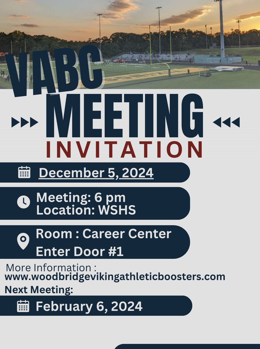 ***MEETING REMINDER***
VABC General Monthly Meeting: Dec 5, 2024, at 6 p.m. Location: WSHS Career Center. Enter Door #1. We need more parent support. 
If you can't make it this month, hopefully, we will see you in the NEW YEAR!!! In February, on the 6th of 2025.