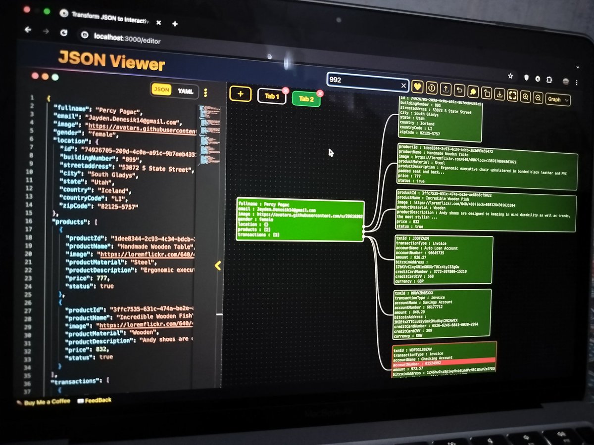 Animesh68589159's tweet image. 🚀 Developers, level up your workflow with jsonviewer.tools!
📊 Visualize JSON like a pro with interactive graphs, tables, and charts.
✅ Supports JSON, YAML, CSV.
✨ Instant diagrams, custom themes, and more!
🔗 Try it now:
#JSONViewer #DevTools