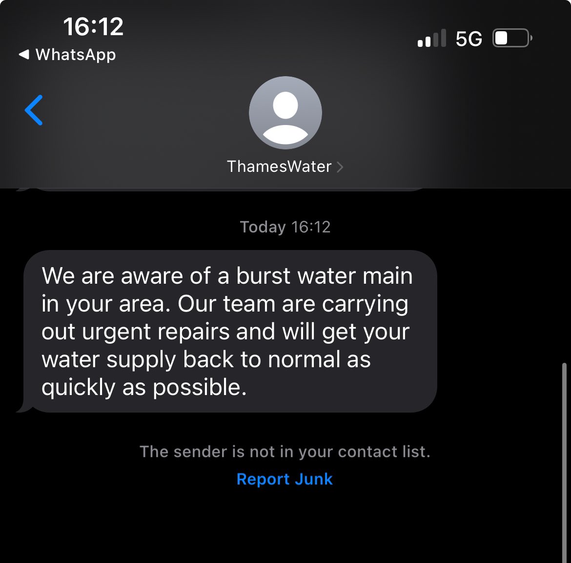 The water has been off since this morning. I want to know when it’s coming back on. About 9 hours after contacting <a href="/thameswater/">Thames Water 💧</a> I get this.
Sometimes no comms is better than bad comms.