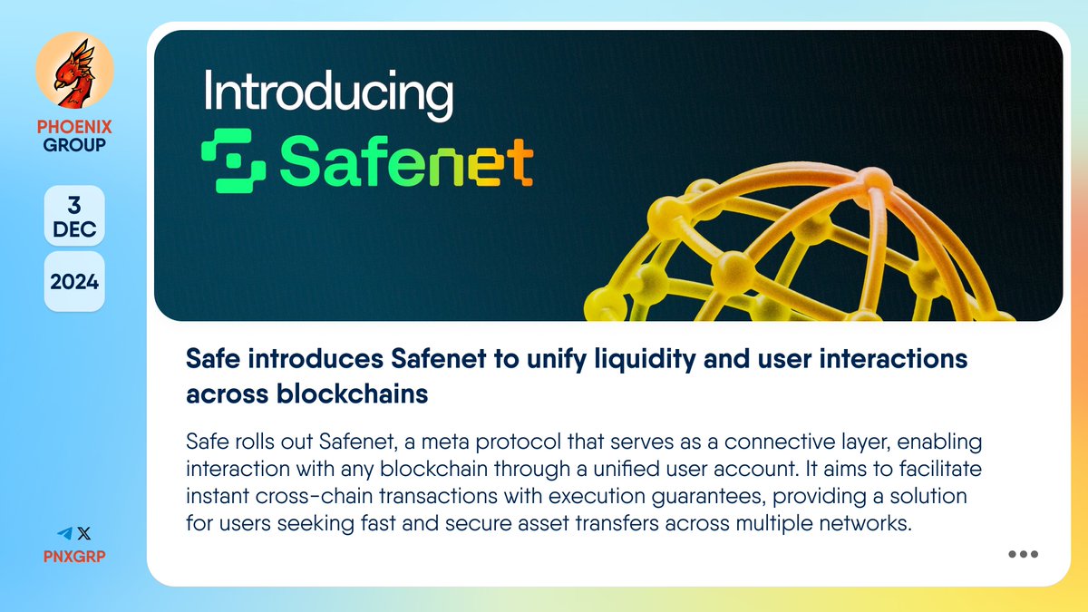 pnxgrp's tweet image. 🔥 @Safe introduces Safenet to unify liquidity and user interactions across blockchains 
 
#Safe rolls out #Safenet, a meta protocol that serves as a connective layer, enabling interaction with any blockchain through a unified user account. It aims to facilitate instant…