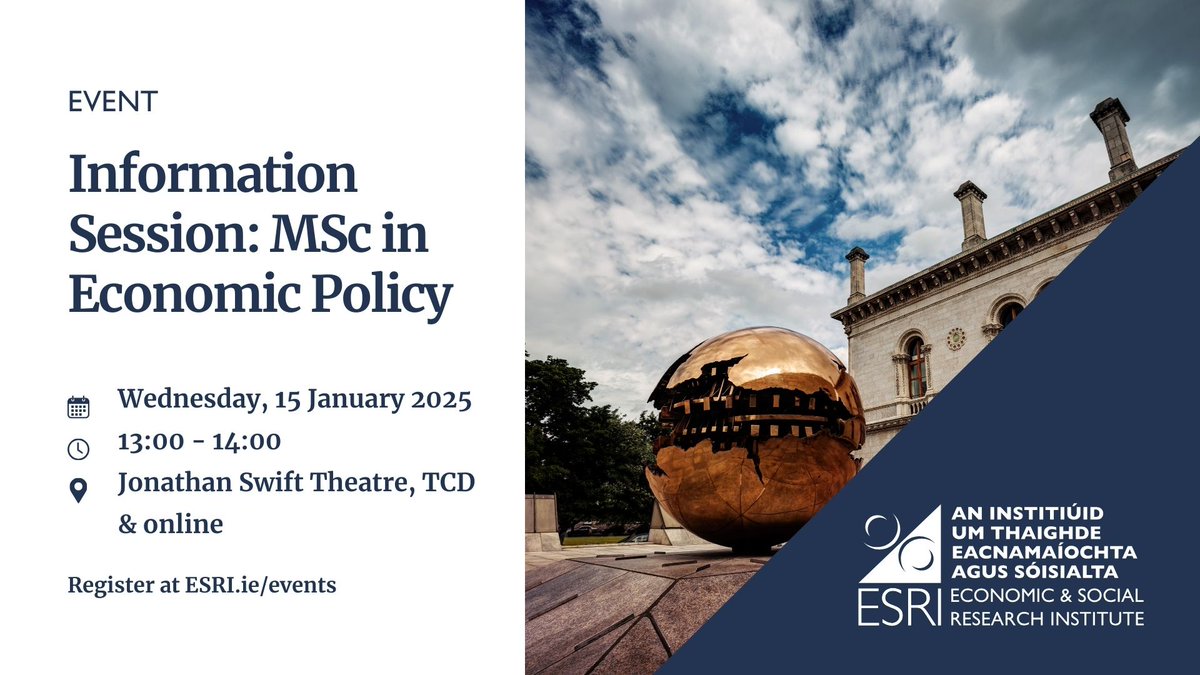 EVENT | Join us for an Information Session with <a href="/tcddublin/">Trinity College Dublin</a> where we'll discuss our joint MSc in Economic Policy with prospective students.

🗓️ Wednesday 15 January 2025
⌚ 13:00-14:00
🏛️ Jonathan Swift Theatre, TCD and online

esri.ie/events/informa…