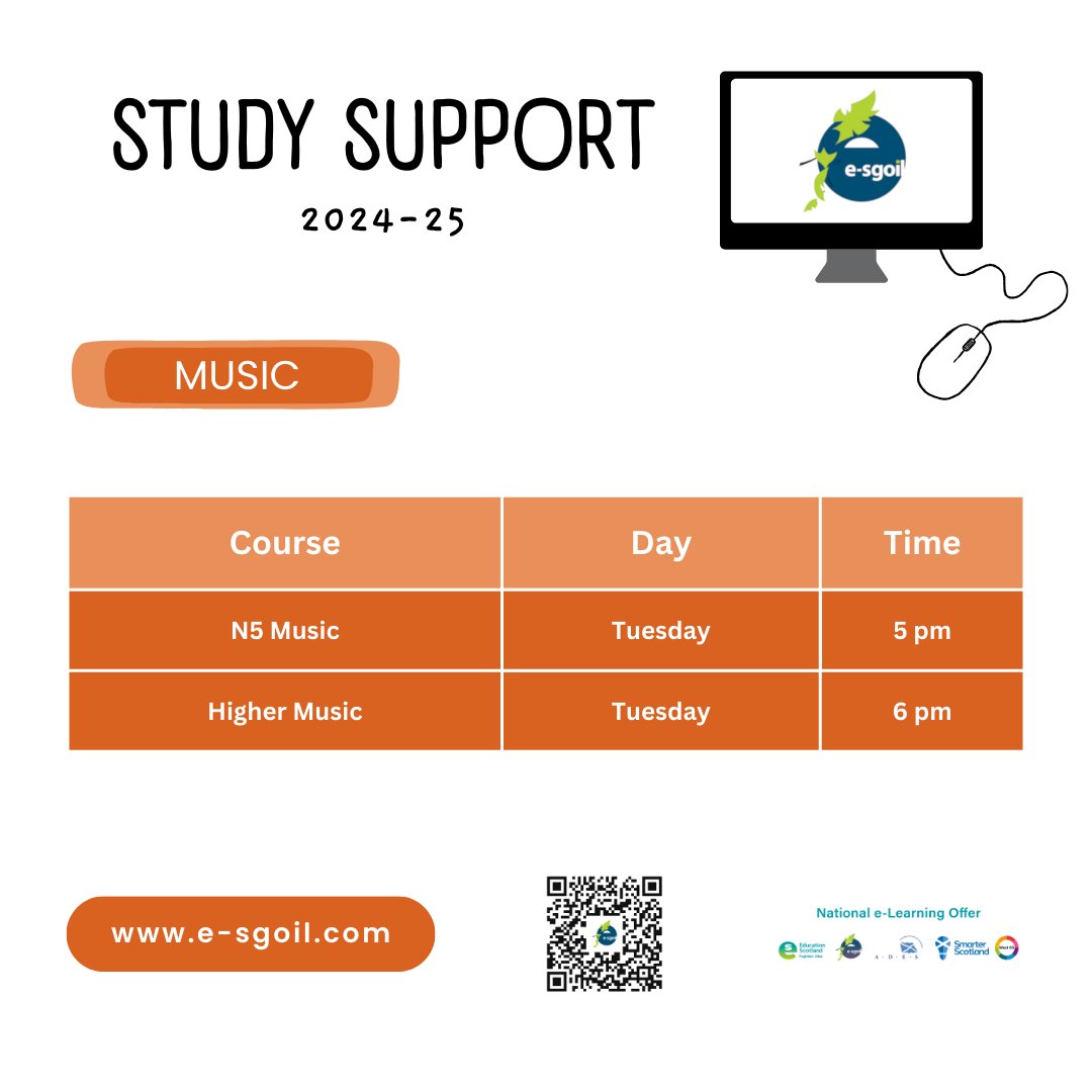 e-Sgoil (@esgoil) on Twitter photo We offer study support webinars for Music at H and N5 levels.
Full details in the subject timetable below. Feel free to share with friends or colleagues!
e-sgoil.com/senior-phase/s…
#NeLO #StudySupport <a href="/EducationScot/">Education Scotland</a> We offer study support webinars for Music at H and N5 levels.
Full details in the subject timetable below. Feel free to share with friends or colleagues!
e-sgoil.com/senior-phase/s…
#NeLO #StudySupport <a href="/EducationScot/">Education Scotland</a>
