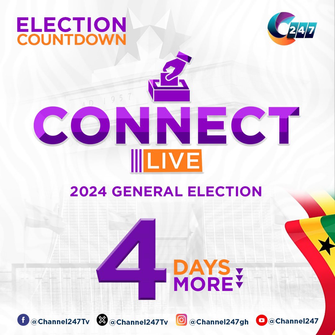 Channel247News's tweet photo. Caught the Election fever yet! 🌍📊 Just 4 days until the 2024 Presidential and Parliamentary Elections! Who wins what??? 
Don’t miss a beat—tune into Connect Live on Channel247 for the freshest updates 🇬🇭🗳️#ElectionCountdown #Channel247 #GhanaDecides #ConnectLive https://t.co/6wqrU8W7ze