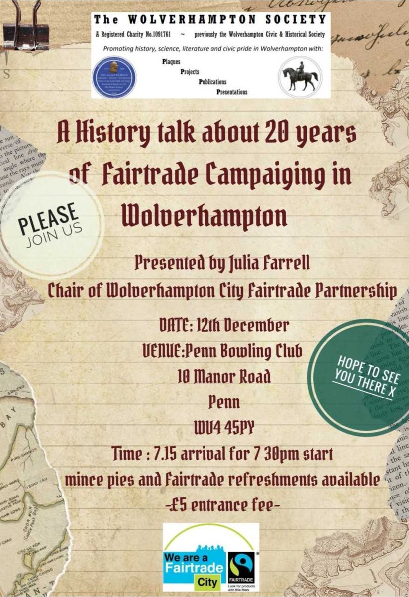 We’re back at Penn Bowling and Social Club for our last talk of the year. On Thursday, 12th December, Julia Farrell will be speaking about 20 years of Fairtrade in Wolverhampton. Details below.