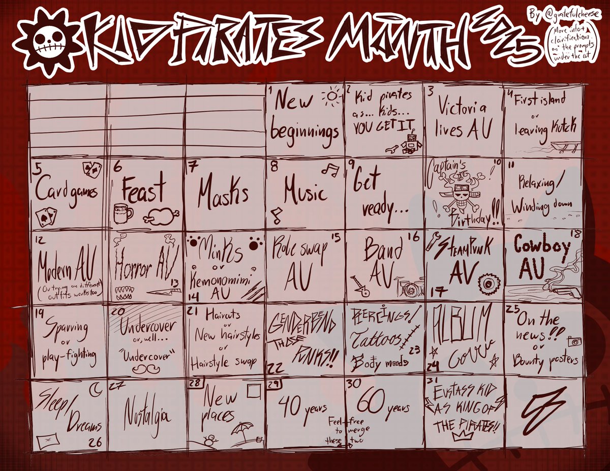 gratefulcheesed's tweet photo. Due to popular demand (1 person asking me in a server) I’m doing this for Twitter as well! #KidPiratesMonth2025 taking place in January 2025, a writing AND drawing event dedicated to these guys! Here are the daily and weekly versions of the prompt list :) https://t.co/iNzL67Fnn2