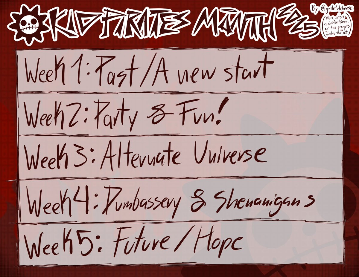 Due to popular demand (1 person asking me in a server) I’m doing this for Twitter as well! #KidPiratesMonth2025 taking place in January 2025, a writing AND drawing event dedicated to these guys! Here are the daily and weekly versions of the prompt list :)