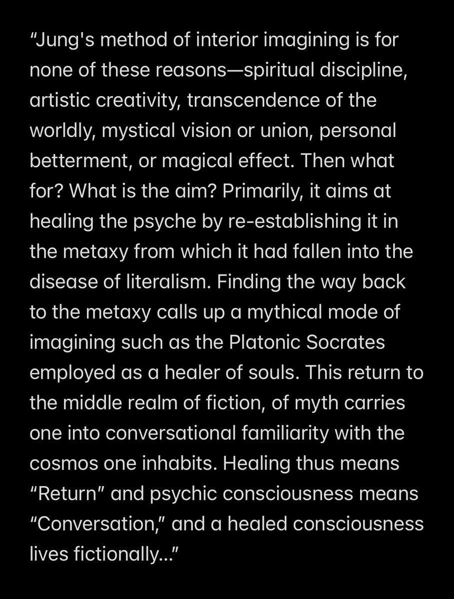 _primamateria's tweet image. “…it aims at healing the psyche by re-establishing it in the metaxy from which it had fallen into the disease of literalism…
…a healed consciousness lives fictionally…”

James Hillman