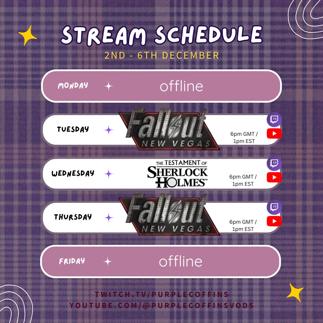 ✨ Schedule ✨

All through December we'll be doing evening streams! And this week, we'll be visiting the Mojave twice!
Hope to see you there!