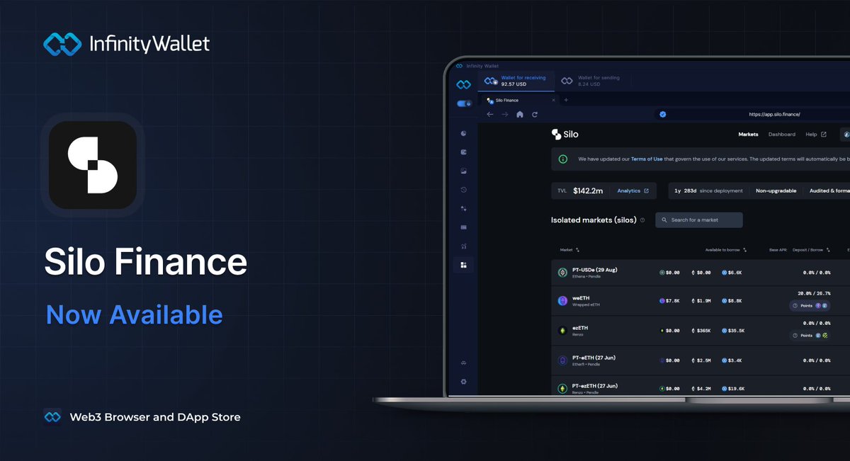 New DApp Listing! 🚀

<a href="/SiloFinance/">Silo Labs</a> is integrated into the Infinity Wallet Web3 Browser &amp; DApp Store!

🔍 What is Silo Finance?
Silo is a decentralized lending protocol where users can borrow and lend any crypto asset using other tokens as collateral.

#web3 #DeFi #SiloFinance