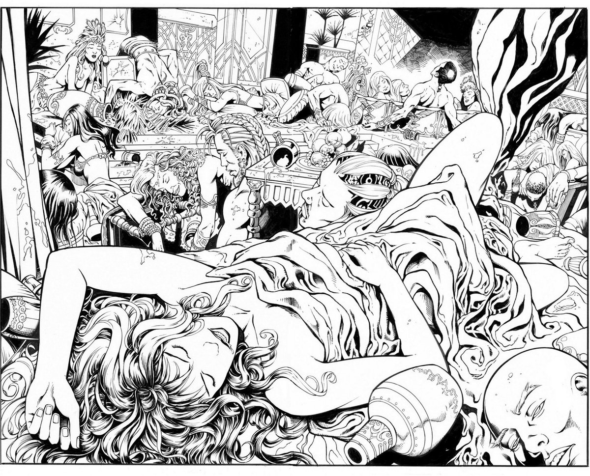 inkerdude's tweet image. Re-posting this very nice Walter Geovani Red Sonja double-page spread. Challenging to ink but also much fun! @thedanjurgens @urbanbarbarian @rickeypurdin @Paul_Kaminski @WalterSimonson @EdBenes1 @MarkFBasso @coccolo_martin @jorge_molinam @CianTormey @TartanNinjaArt @Ben_Abernathy