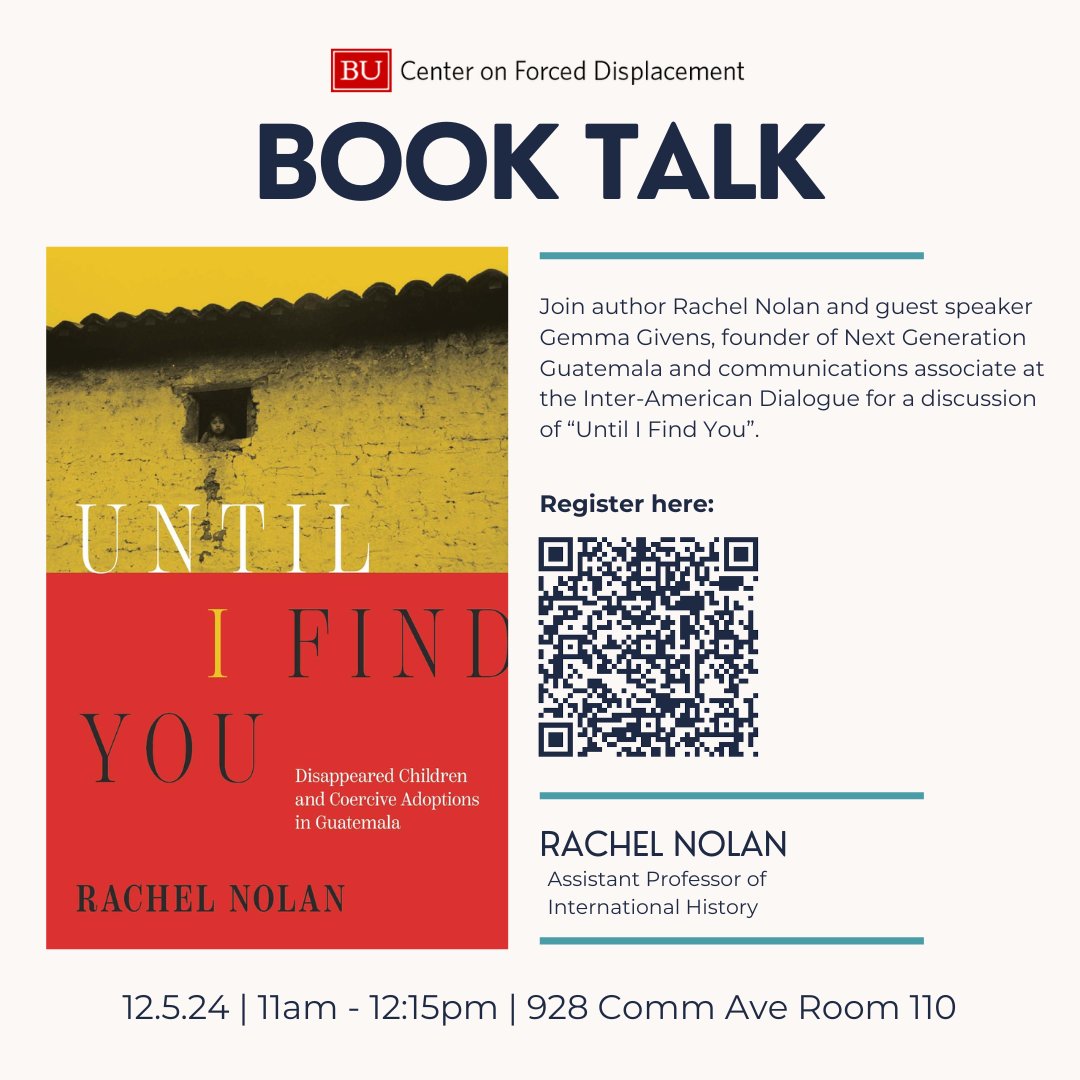 cfd_center's tweet image. Join us this Thursday (in two days!) for a book talk with CFD affiliate faculty Rachel Nolan to discuss her recent publication of &quot;Until I Find You: Disappeared Children and Coercive Adoption in Guatemala&quot;. Register here: eventbrite.com/e/110450960094…