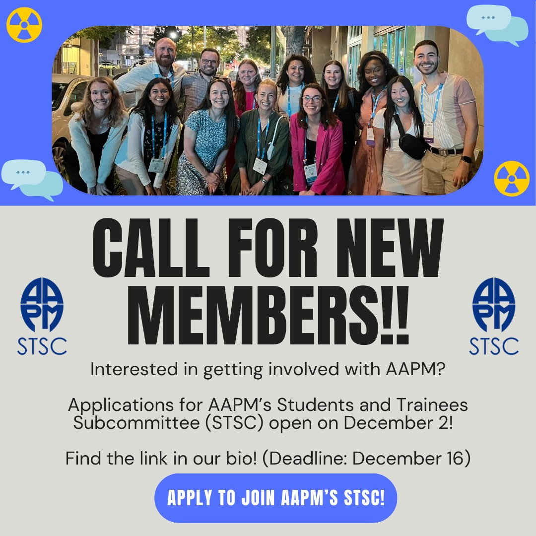 Call for New Members! Interested in getting involved with AAPM? Applications for AAPM's Students and Trainees Subcommittee are open. Apply at the link in our bio! Deadline to apply is December 16, 2024.