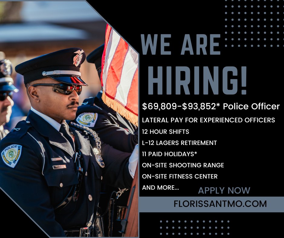FlorissantPD's tweet photo. The Florissant Police Department is hiring dedicated individuals to join our team!
We Offer:
• Competitive salary and benefits
• Training and development opportunities
• Supportive team environment
• The chance to serve and grow in a historic and family oriented community https://t.co/A6MIWCDnTo