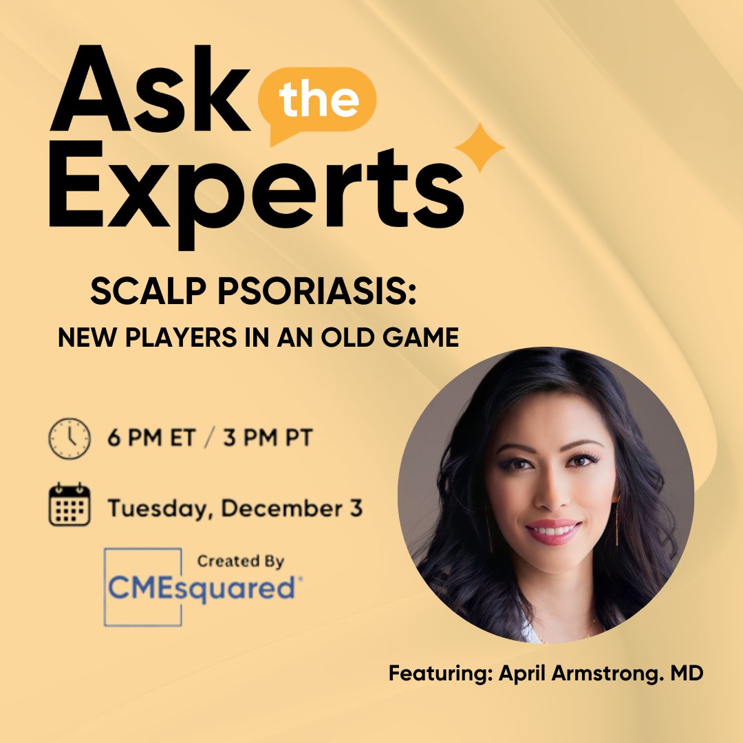 Questions For Dr. Armstrong? Join her TONIGHT at 6PM ET and ask her about Scalp Psoriasis. Earn 0.75 AMA PRA Category 1 Credits.
dermsquared.org/cme-education/…
This activity is supported by an educational grant from Janssen Biotech, Inc., administered by Janssen Scientific Affairs, LLC.