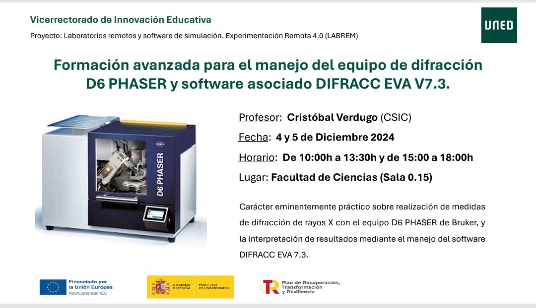 Os presentamos un curso eminentemente práctico sobre realización de medidas de difracción de rayos X con el equipo D6 PHASER de Bruker, y la interpretación de resultados mediante el manejo del software DIFRACC EVA 7.3. Días 4 y 5 diciembre en nuestras instalaciones de Las Rozas.
