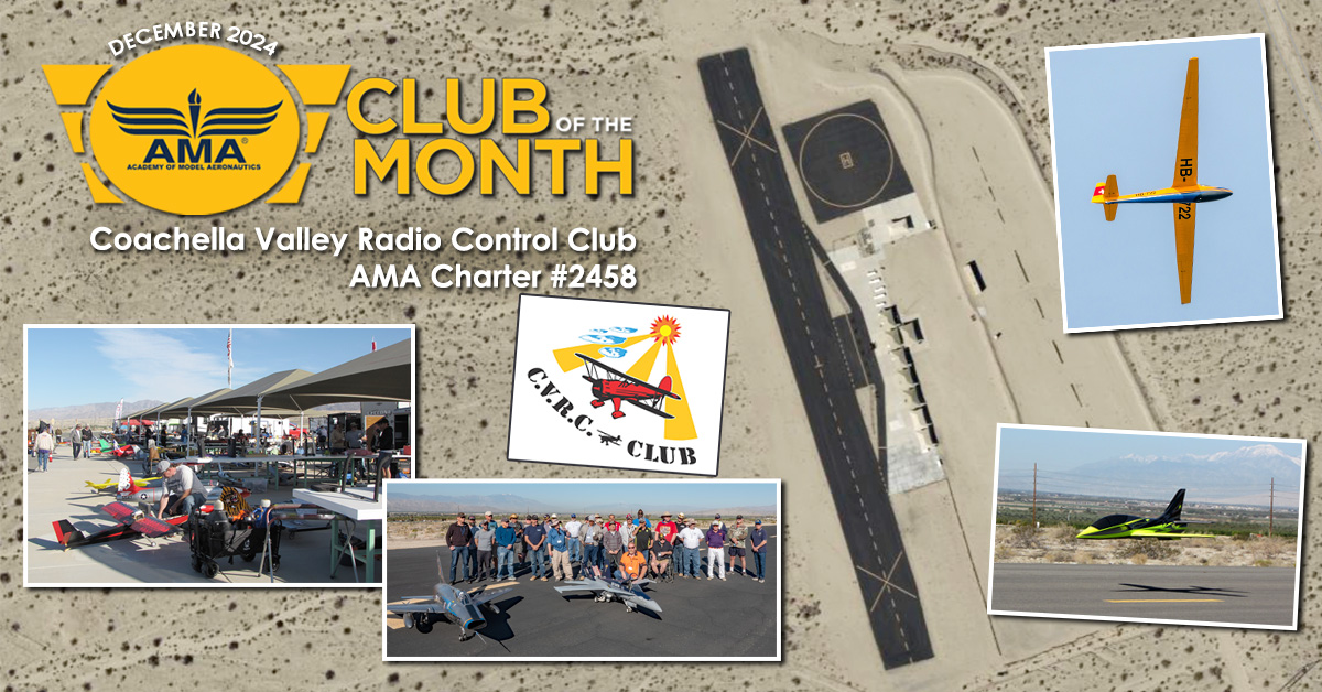 Congratulations to Coachella Valley Radio Control Club (CVRC) #2458 as our Club of the Month for December 2024.

Club Website: cvrcclub.com
AMA Club Information: modelaircraft.org/club/coachella…

#IFlyAMA #ModelAviation #AMAClub