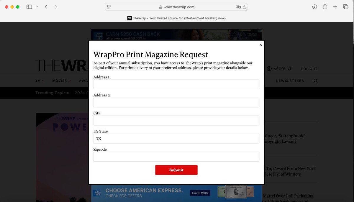 aadvantageGeek's tweet photo. How else would a print subscriber not provide an address upfront?  The fact that @TheWrap invested in a developer and designer to create a splash screen asking "print" subscribers to provide their address says it all. Here’s the proof 👇 https://t.co/YsW2OCdCyk