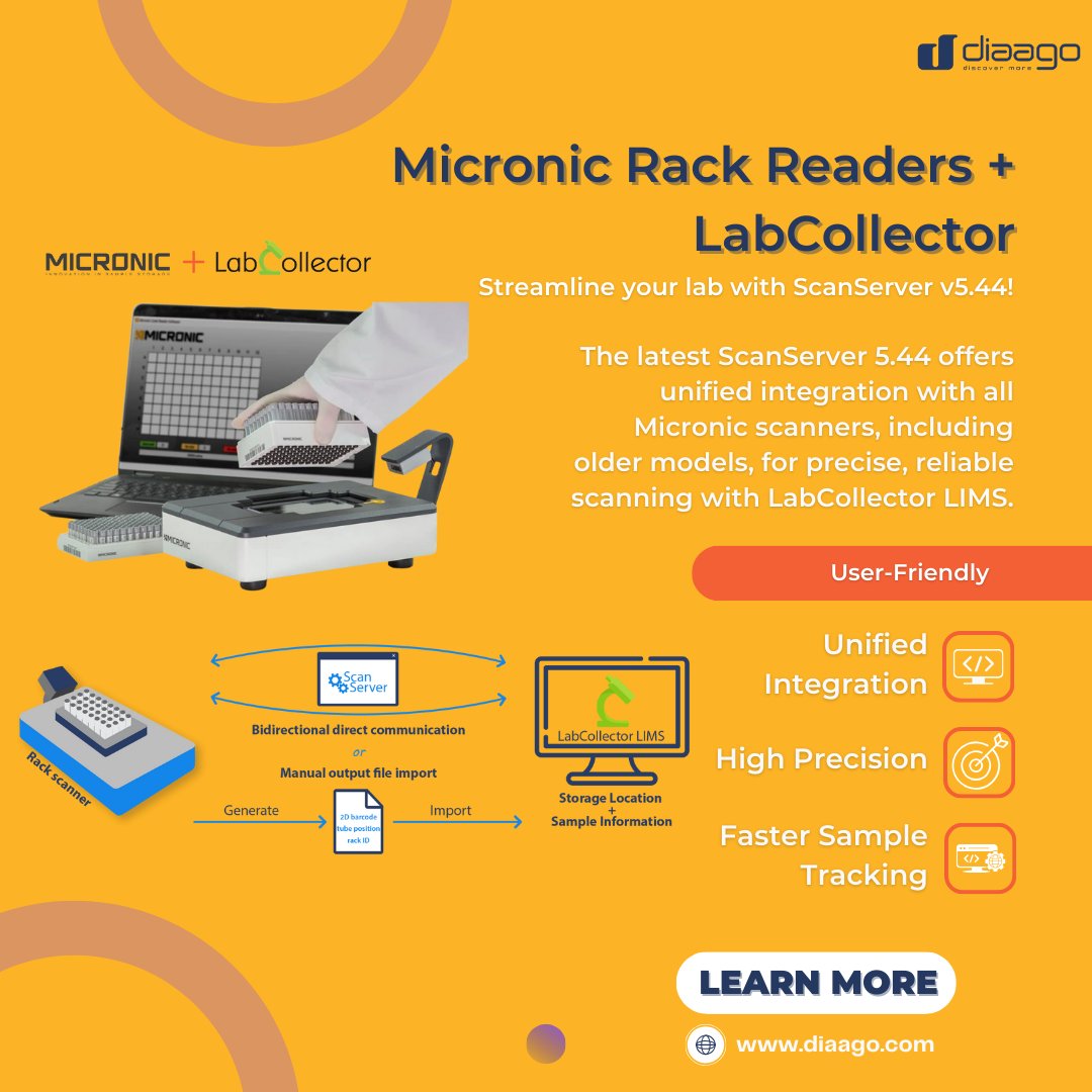 discoverdiaago's tweet image. 💻 Micronic Rack Readers + ScanServer v5.44

Current update allows for seamless integration with all Micronic models for easy scanning!

✔️ LIMS integration
🎯 High-precision
❄️ Anti-frost tech

🔗diaago.com/shop/software/…

#discoverdiaago #DiscoverMore #LabCollector #Micronic
