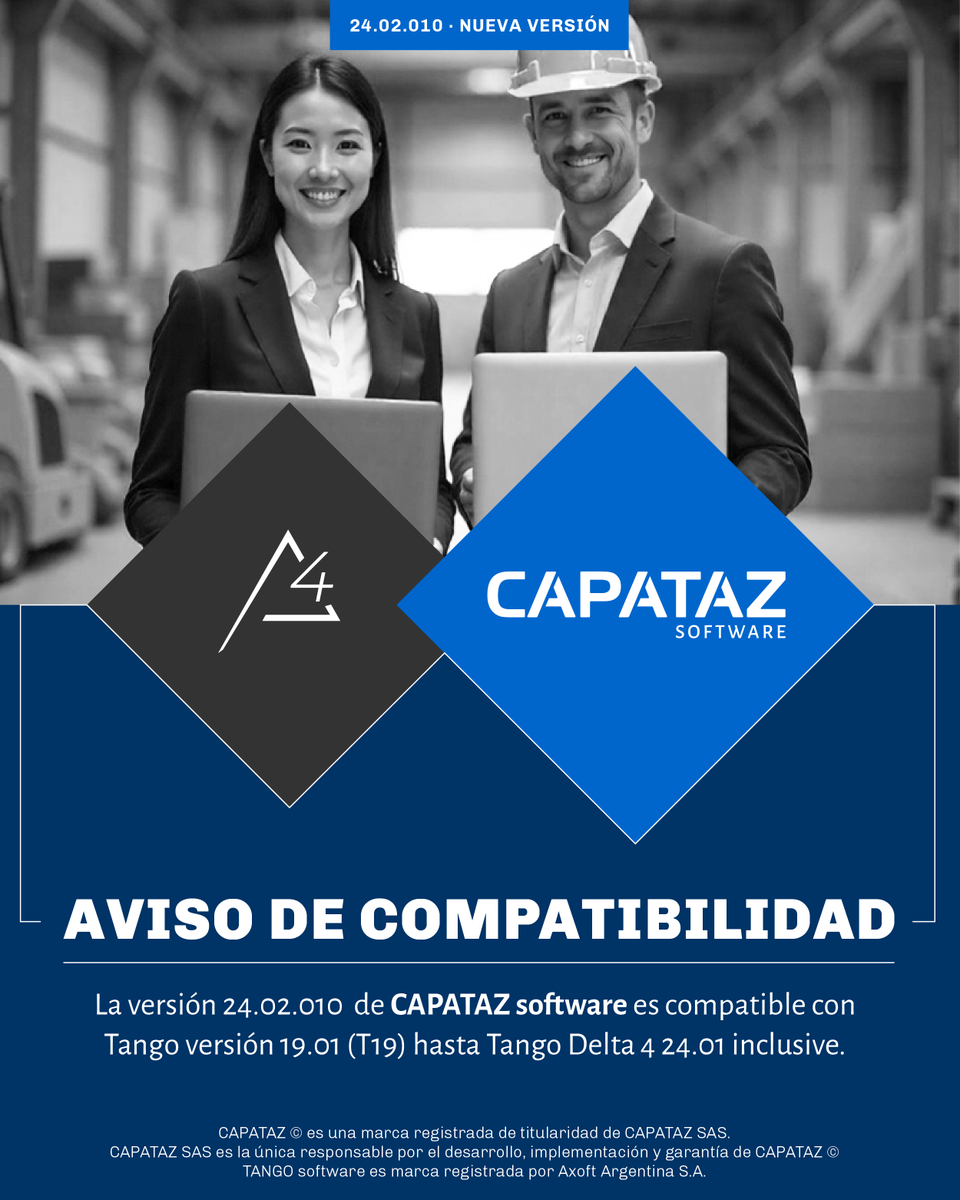 capatazsoftware's tweet photo. ¡Acabamos de lanzar la versión 24.02.010!

La novedad más importante: compatibilidad con Tango Delta 4. Esta versión es compatible con Tango versión 19.01 (T19) hasta Tango Delta 4 24.01 inclusive.

Consultá los detalles en el Panel de Novedades: https://t.co/YqZkM1YZOd https://t.co/4Ehglc30Xy