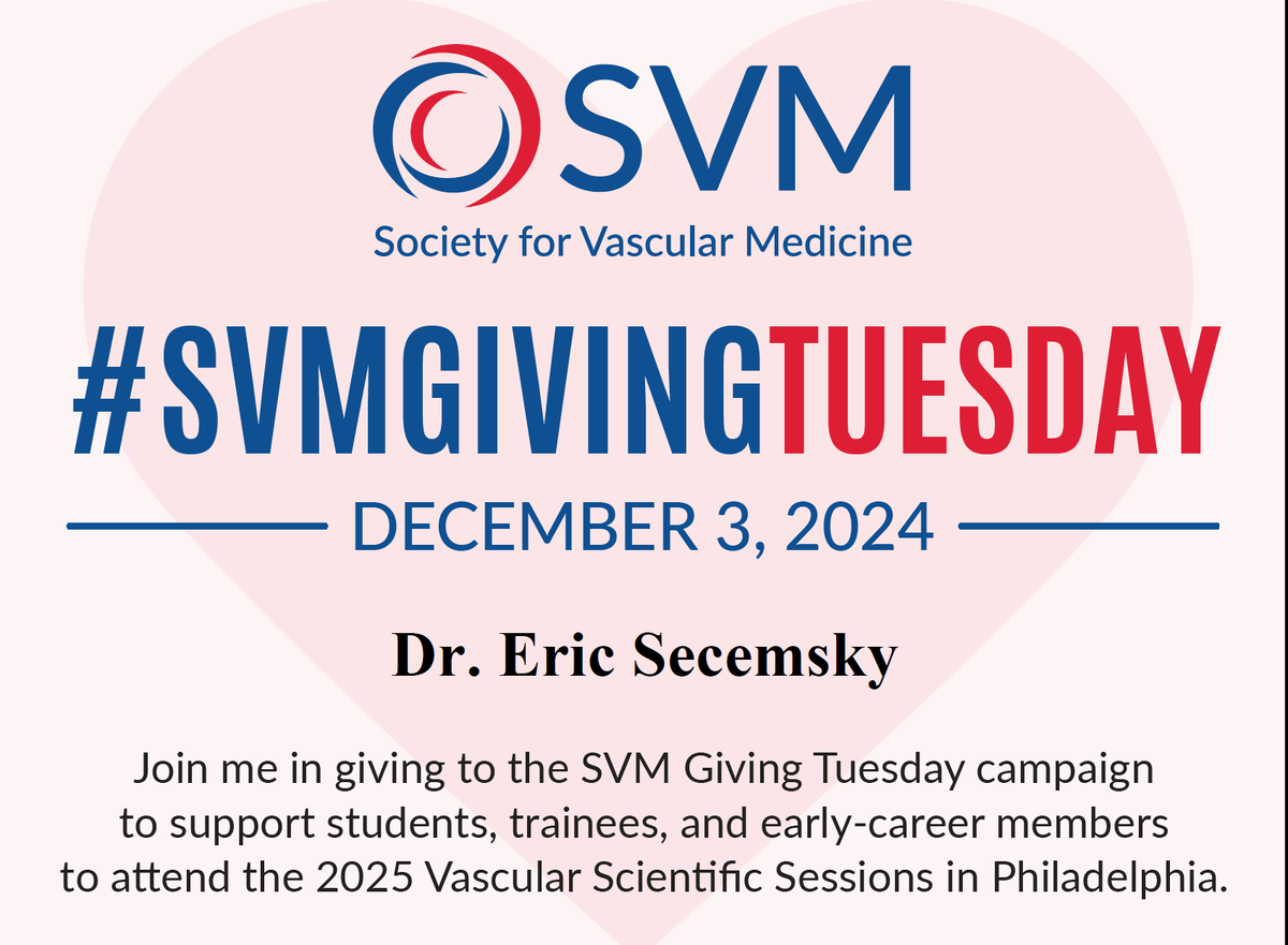 EricSecemskyMD's tweet photo. I’m proud to support #SVMGivingTuesday! Join me in helping the next generation of vascular medicine professionals attend the 2025 Vascular Scientific Sessions. Donate here: https://t.co/K87EsLpXZ4 @BidmcCvi @SmithBIDMC
@SVM_tweets https://t.co/imprRsbH4o