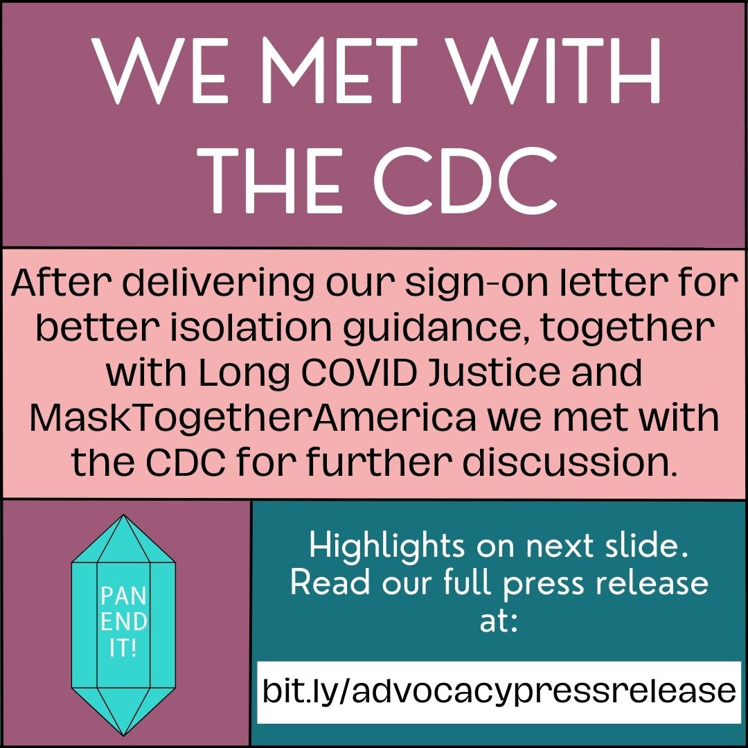 Pan End It (@pan_end_it) on Twitter photo We met with the CDC, together with Long COVID Justice @LongCOVIDnetwk and MaskTogetherAmerica <a href="/TogetherWeMask/">MaskTogetherAmerica</a>, and pressed the CDC to implement inclusive COVID-19 isolation and prevention guidelines. Read about the meeting here and in our press release at bit.ly/advocacypressrā¦! We met with the CDC, together with Long COVID Justice @LongCOVIDnetwk and MaskTogetherAmerica <a href="/TogetherWeMask/">MaskTogetherAmerica</a>, and pressed the CDC to implement inclusive COVID-19 isolation and prevention guidelines. Read about the meeting here and in our press release at bit.ly/advocacypressrā¦!